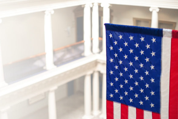 The American flag inside Regent University's Robertson Hall.