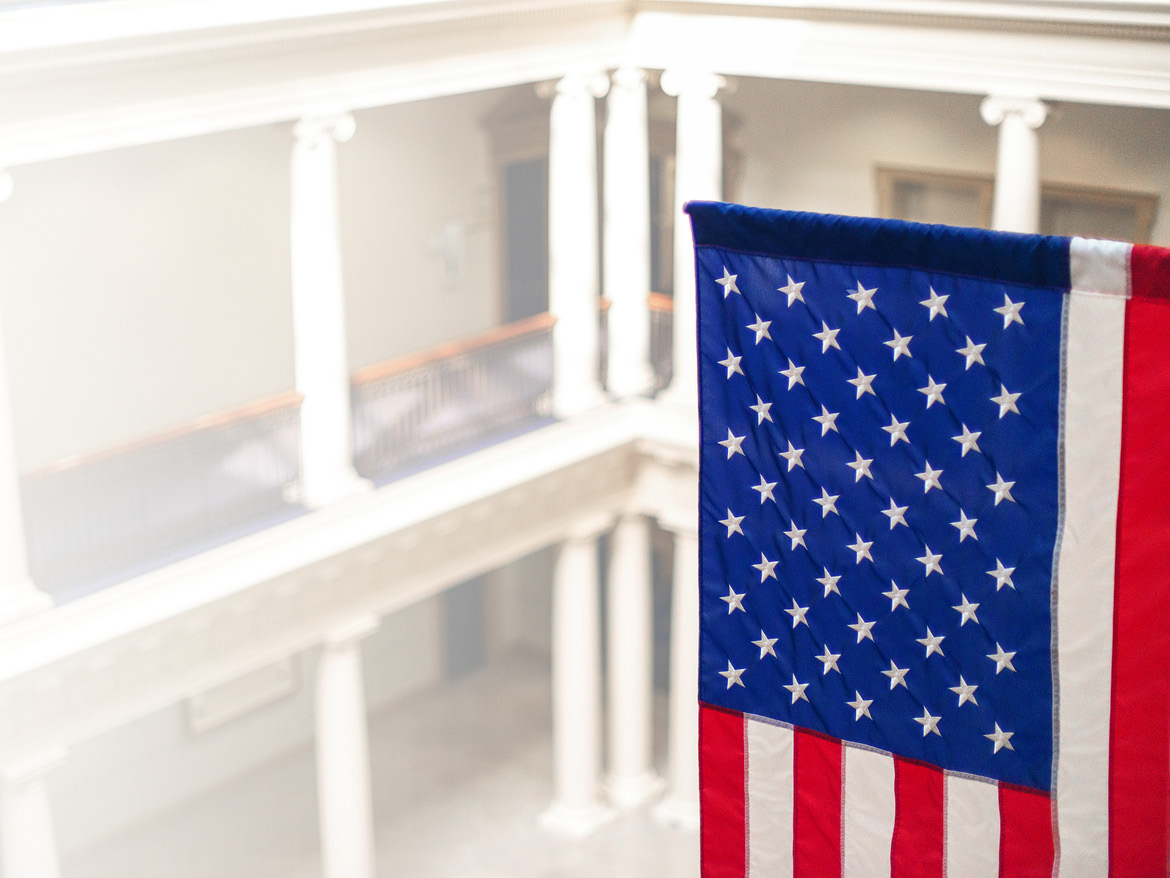 The American flag inside Regent University's Robertson Hall.