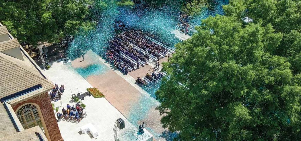 Arial photo of confetti from Regent University Commencement 2023