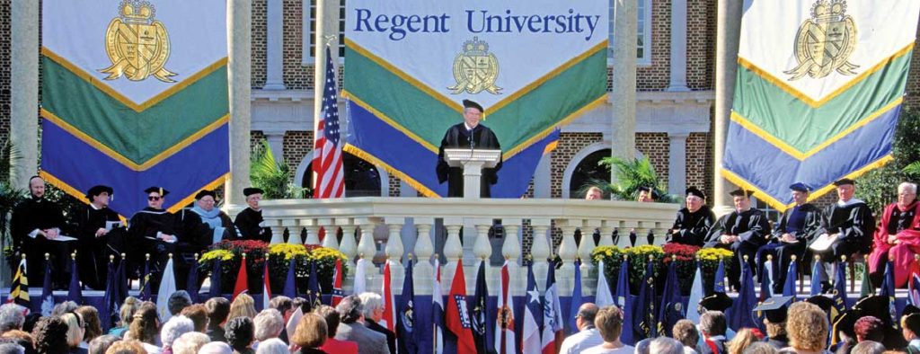 Dr. M.G. "Pat" Robertson speaking at a Regent University commencement ceremony.