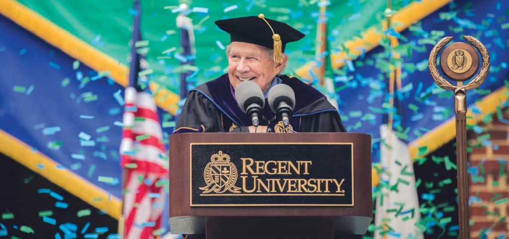 Dr. M.G. “Pat” Robertson speaking at a Regent University commencement ceremony. 