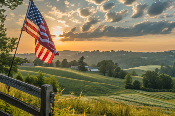 American Flag with fields in the background