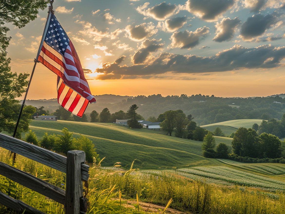 American Flag with fields in the background